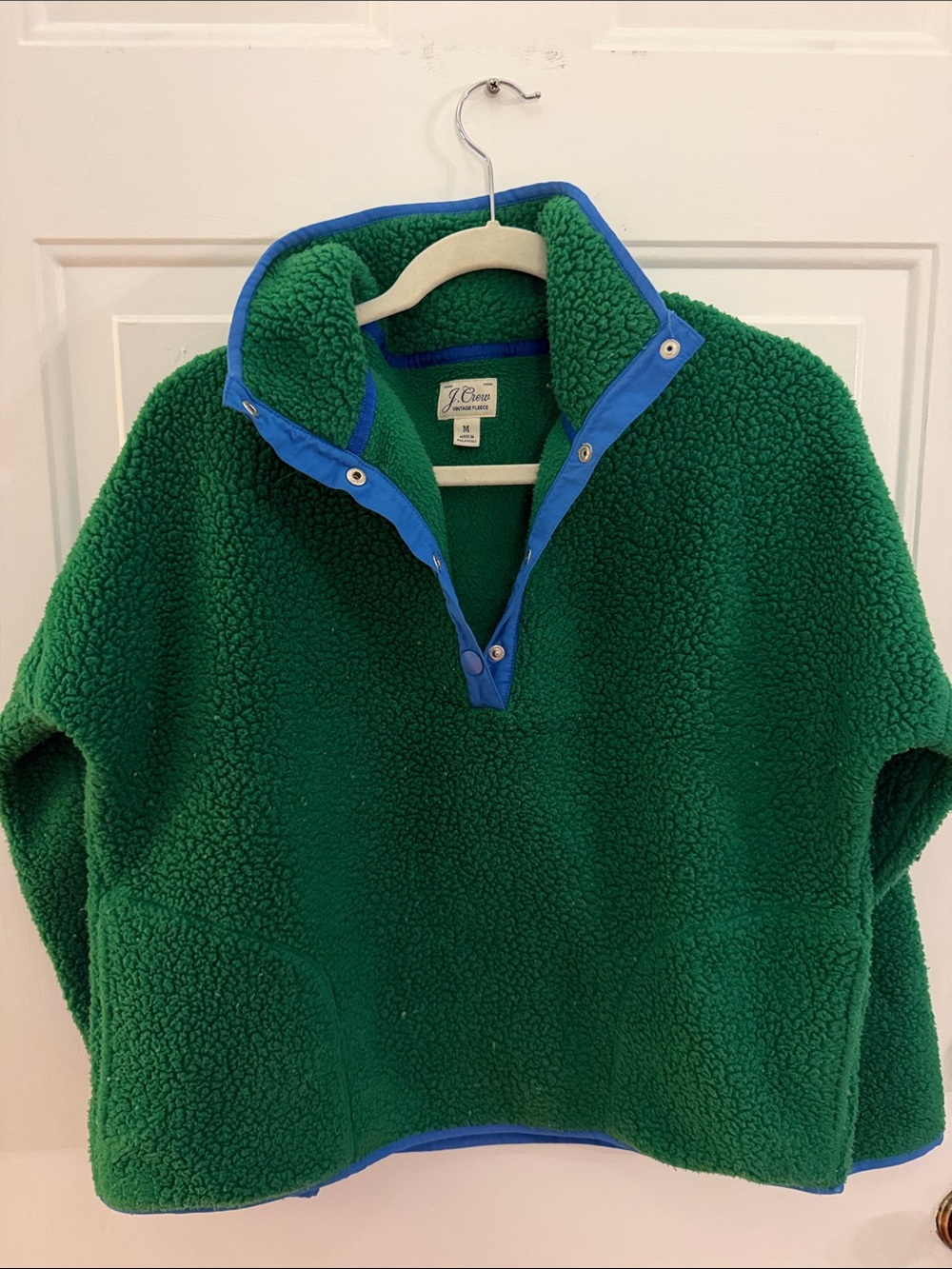 J. Crew Green Sherpa Pullover with Blue Trim Accents